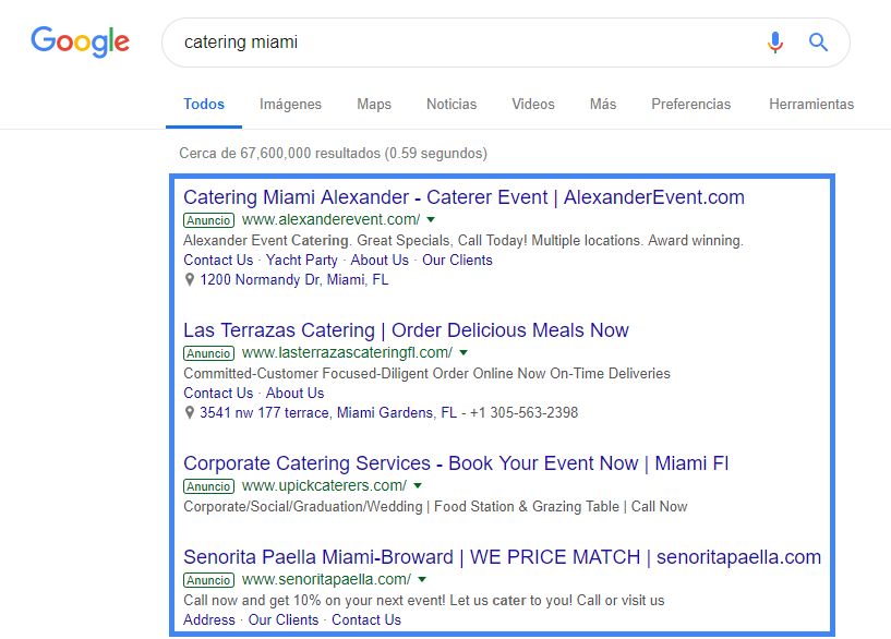 Ejemplo de campañas de Google Adwords Search